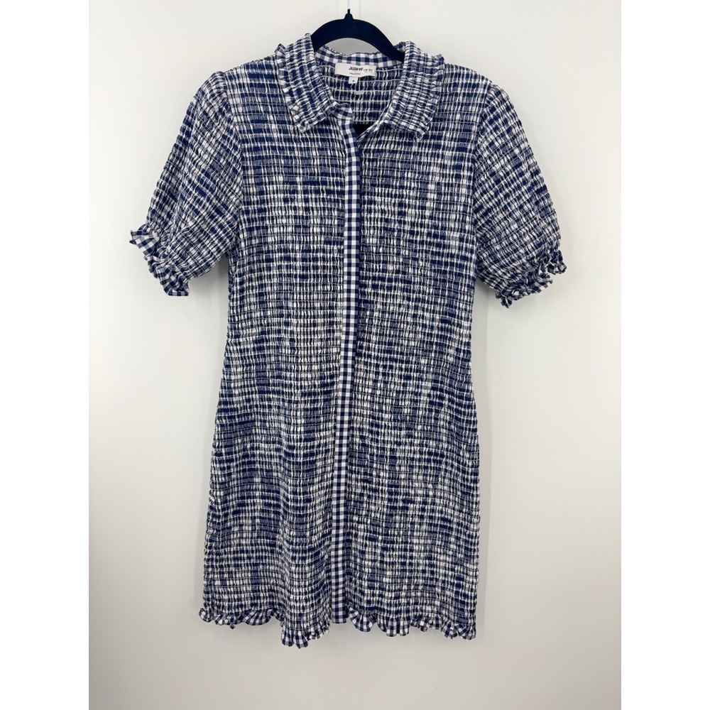 B35 Jason Wu Smocked Gingham Mini Dress 4 Navy White Collar Cotton Dinner Party - Picture 5 of 11